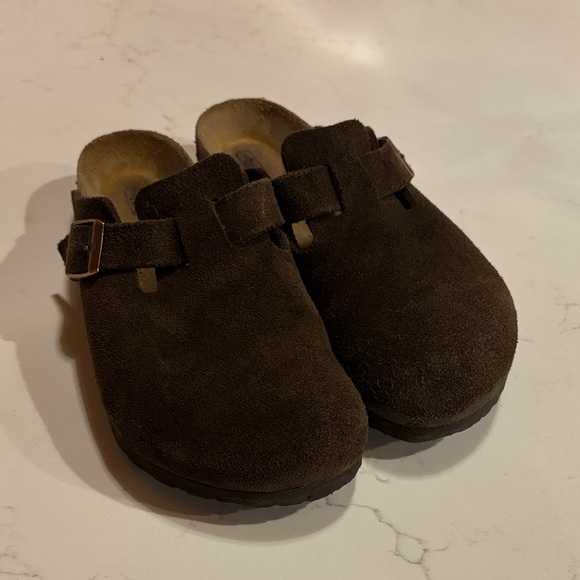 Birkenstock Shoes - Birkenstock Brown Suede Slip-On Clogs with Buckle